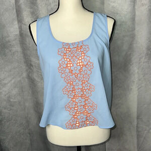 Anthropologie E (Hanger) M Periwinkle Blue Swing Tank with Orange Embroidery